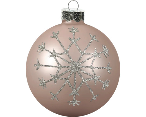 Rosé kerstbal van glas met zilveren glitter sneeuwvlok en ophangoog.