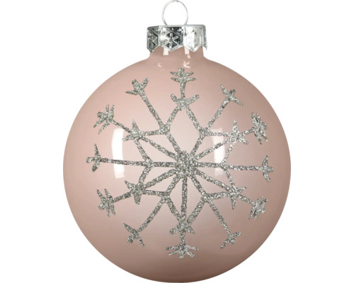 Glazen kerstbal met een glinsterende zilveren sneeuwvlok, perzikkleurig.