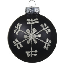 Zwarte matte kerstbal met zilveren glitter sneeuwvlok en ophangoog.