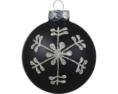 Zwarte matte kerstbal met zilveren glitter sneeuwvlok en ophangoog.