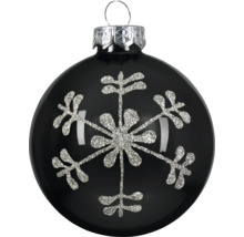 Kerstbal in zwart met een zilverkleurige glitter sneeuwvlok en een zilveren kapje met ophangoog.