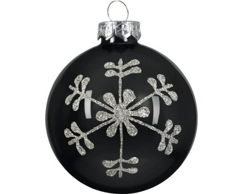 Kerstbal in zwart met een zilverkleurige glitter sneeuwvlok en een zilveren kapje met ophangoog.