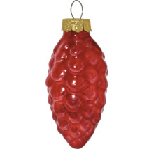 Kerstboomhanger dennenappel van glas in glanzend rood met goudkleurige dop en ophangoog.