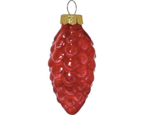 Kerstboomhanger dennenappel van glas in glanzend rood met goudkleurige dop en ophangoog.