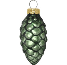 Kersthanger dennenappel van groen glas met gouden kapje en oogje.