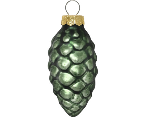 Kersthanger dennenappel van groen glas met gouden kapje en oogje.