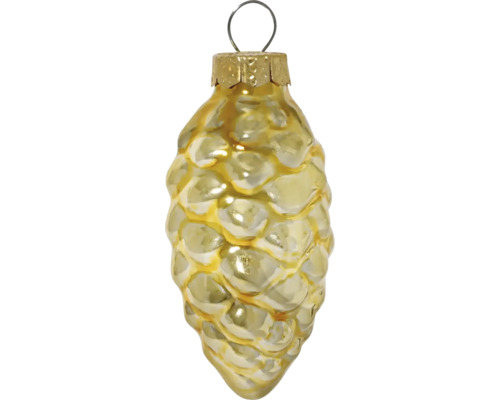 Goudkleurige kerstdecoratie in de vorm van een dennenappel van glas met ophanglus.