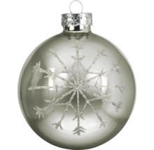 Glazen kerstbal met glinsterend sneeuwvlokmotief en zilverkleurig ophangoog.
