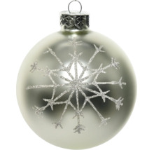 Zilveren kerstbal met glitterend sneeuwvlokmotief en ophangoog.