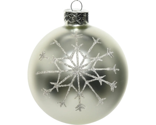 Zilveren kerstbal met glitterend sneeuwvlokmotief en ophangoog.
