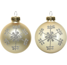 Kerstballen van glas in champagnekleur met zilveren glinsterende sneeuwvlok en ophangoog.