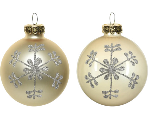 Kerstballen van glas in champagnekleur met zilveren glinsterende sneeuwvlok en ophangoog.