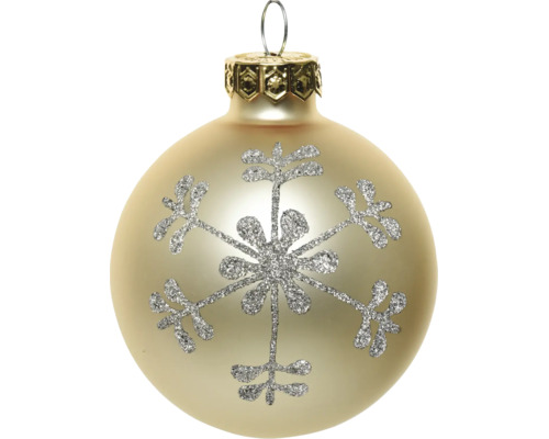 Matgouden kerstbal versierd met een glinsterende sneeuwvlok.