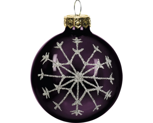 Paarse kerstbal van glas met een grote zilveren glitter sneeuwvlok en een gouden kapje.