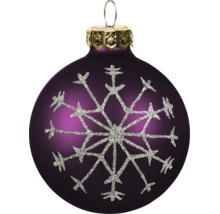 Paarse kerstbal met zilveren glitter sneeuwvlok, goudkleurige kap en metalen ophangoog.