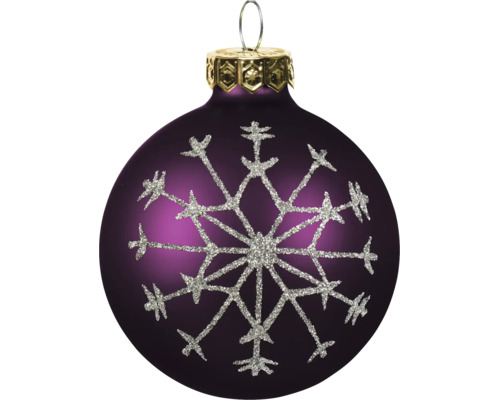 Paarse kerstbal met zilveren glitter sneeuwvlok, goudkleurige kap en metalen ophangoog.