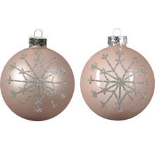 Twee ronde roze kerstballen met groot glitter-sneeuwvlokmotief en zilveren ophanging.