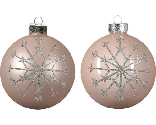 Twee ronde roze kerstballen met groot glitter-sneeuwvlokmotief en zilveren ophanging.