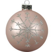 Rosé kerstbal met een zilveren glitter sneeuwvlokmotief.