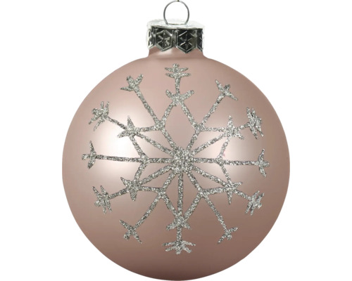 Rosé kerstbal met een zilveren glitter sneeuwvlokmotief.
