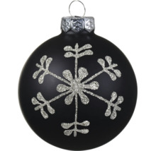 Zwarte kerstbal met zilveren glitter sneeuwvlok en ophangoog.
