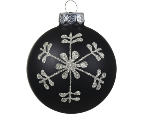 Zwarte kerstbal met zilveren glitter sneeuwvlok en ophangoog.