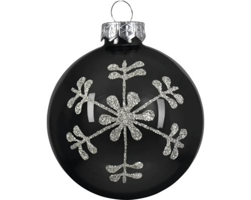 Zwarte glazen kerstbal met een zilveren glitter sneeuwvlokpatroon en een zilveren ophanglus.