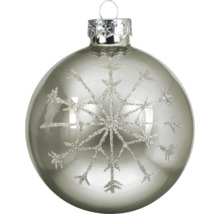 Zilveren kerstbal met sneeuwvlokmotief van glitter.