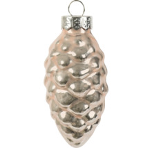Kerstbal van glas in de vorm van een dennenappel met een glanzend oppervlak en hanger.