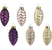 Set van 6 glazen kerstballen in de vorm van een dennenappel met een gestructureerd oppervlak en ophangoog.