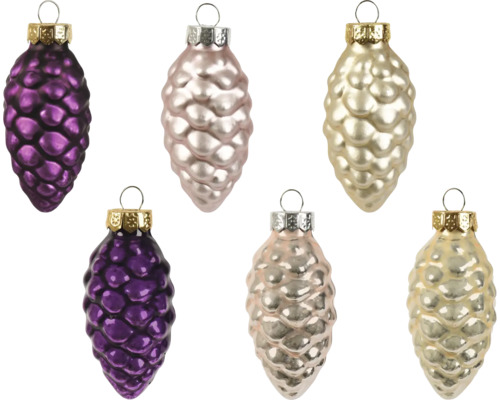 Set van 6 glazen kerstballen in de vorm van een dennenappel met een gestructureerd oppervlak en ophangoog.