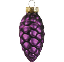 Kerstbal in de vorm van een dennenappel van glas in het paars met een gouden ophanging.