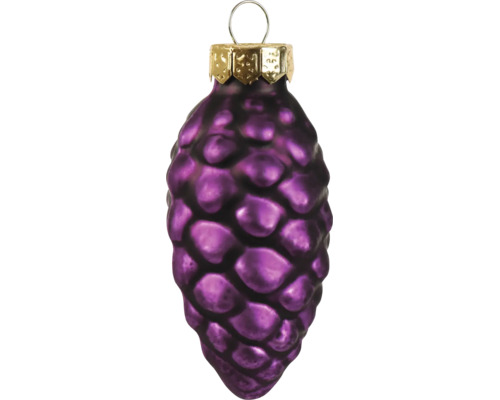 Kerstbal in de vorm van een dennenappel van glas in het paars met een gouden ophanging.