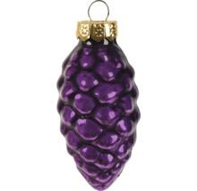 Paarse glazen kerstboomhanger in de vorm van een kegel met gouden kapje en ophangoog.
