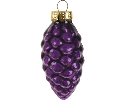 Paarse glazen kerstboomhanger in de vorm van een kegel met gouden kapje en ophangoog.