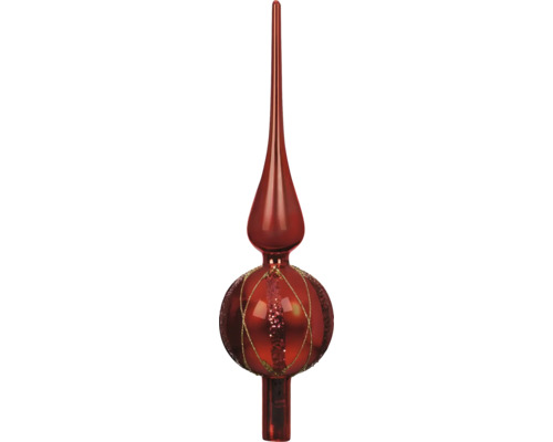 Glazen kerstboompiek in de kleur rood met glitterdecoratie.