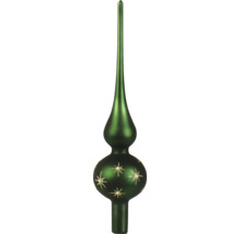 Groene glazen kerstboompiek met glinsterende sterren en een matte afwerking.