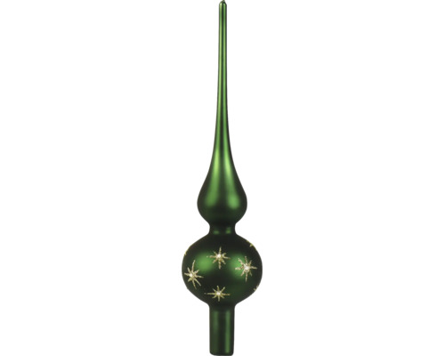 Groene glazen kerstboompiek met glinsterende sterren en een matte afwerking.