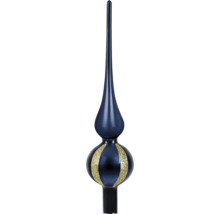 Glazen kerstboompiek in donkerblauw met gouden glitterversiering.