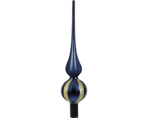 Glazen kerstboompiek in donkerblauw met gouden glitterversiering.