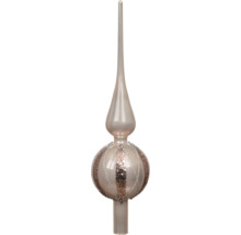 Champagnekleurige glazen kerstboompiek met glitterdecoratie en lange spits.
