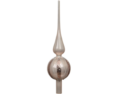 Champagnekleurige glazen kerstboompiek met glitterdecoratie en lange spits.