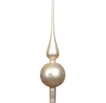 Champagnekleurige glazen kerstboompiek met matte afwerking en glinsterend sterrendecor.