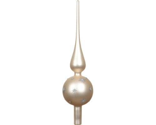 Champagnekleurige glazen kerstboompiek met matte afwerking en glinsterend sterrendecor.