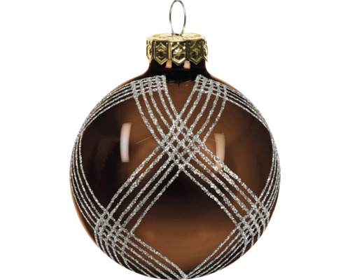 Bruine glazen kerstbal met glinsterend ruitpatroon en goudkleurige hanger.