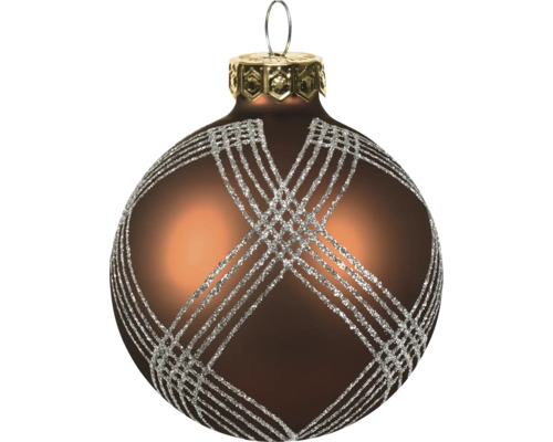 Koperkleurige kerstbal met zilveren glitterpatroon en ophangsysteem.