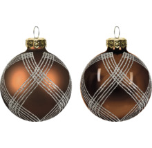 Twee bruine kerstballen met zilveren glitterpatroon, één mat en één glanzend