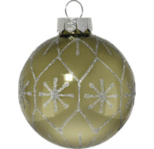 Glazen kerstbal, glanzend groen met zilveren glitterpatroon van sneeuwvlokken en ruiten.