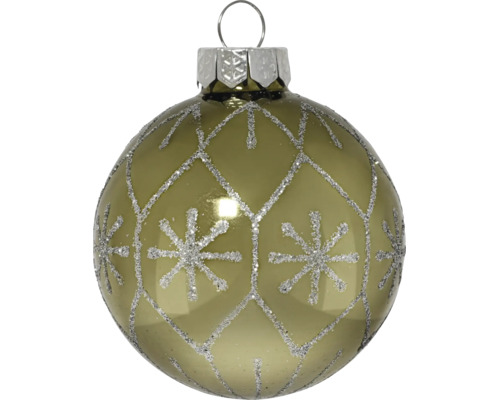 Glazen kerstbal, glanzend groen met zilveren glitterpatroon van sneeuwvlokken en ruiten.