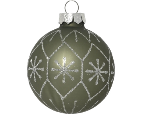 Groene kerstbal van glas met zilveren glitterpatroon van sneeuwvlokken en ruiten.
